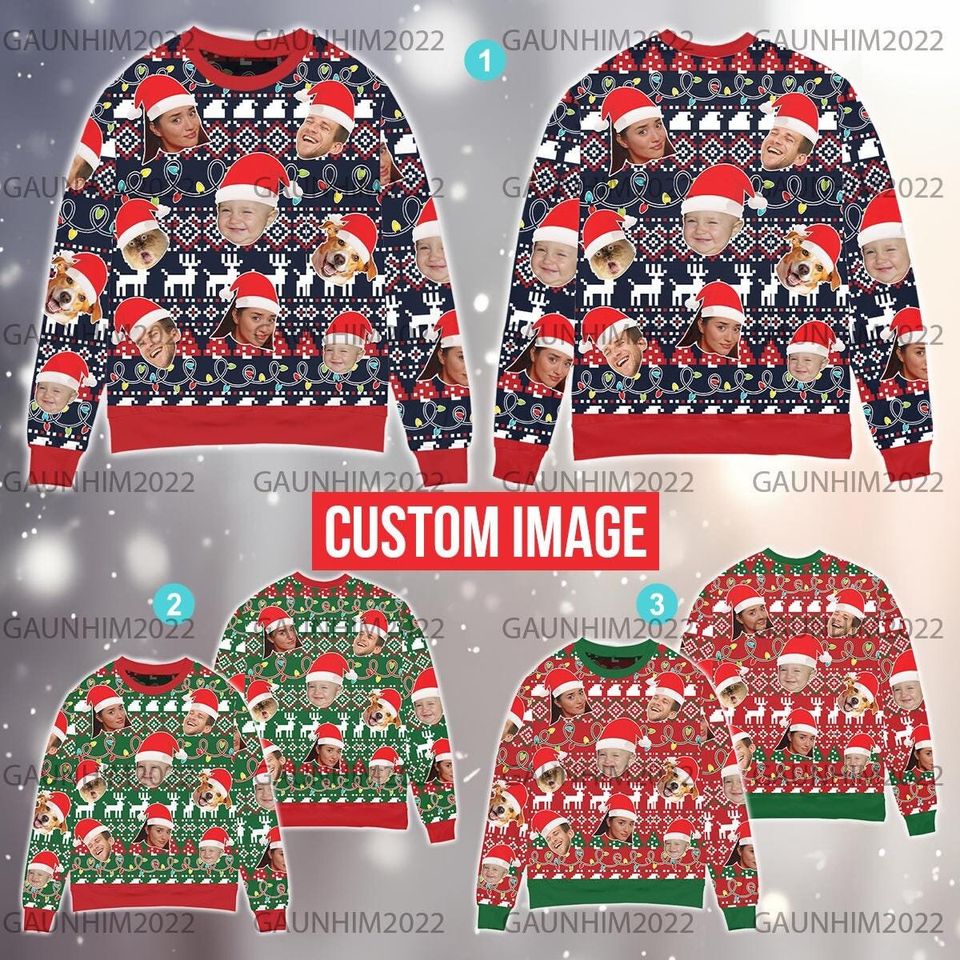 Custom Face Family Christmas Sweater, Custom Face Dog Cat Christmas Sweater