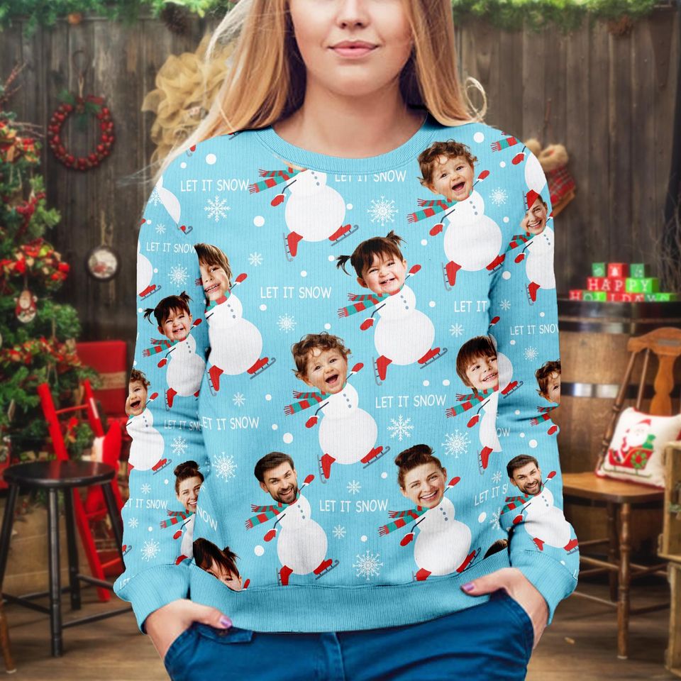 Custom Face Family Let It Snow Sweater, Personalized Family Photo Ugly Sweater - Image 4