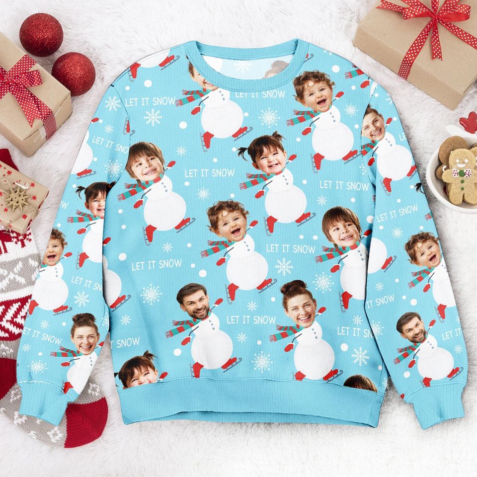 Custom Face Family Let It Snow Sweater, Personalized Family Photo Ugly Sweater - Image 3