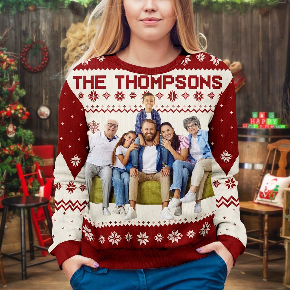 Custom Face Family Name Ugly Sweater, Personalized Family Photo U - Image 3