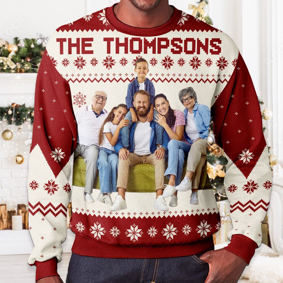 Custom Face Family Name Ugly Sweater, Personalized Family Photo U - Image 4