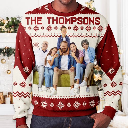 Custom Face Family Name Ugly Sweater, Personalized Family Photo U - Image 11