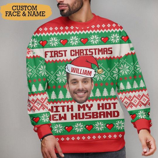 Custom Face First Christmas with My Husband Ugly Sweater Personalized Photo Ugly Sweater Crewneck Xmas Gift - Image 10