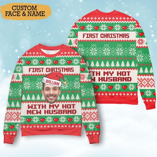 Custom Face First Christmas with My Husband Ugly Sweater Personalized Photo Ugly Sweater Crewneck Xmas Gift - Image 6