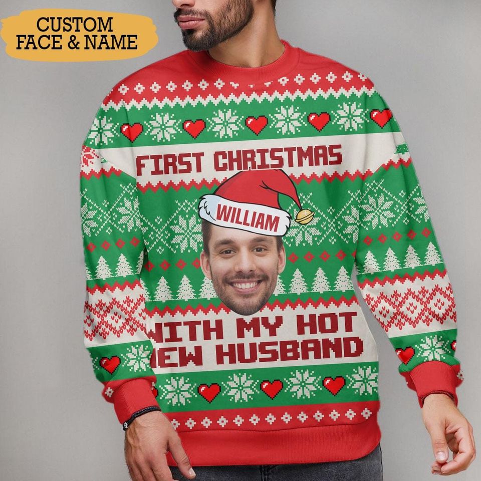 Custom Face First Christmas with My Husband Ugly Sweater Personalized Photo Ugly Sweater Crewneck Xmas Gift - Image 5