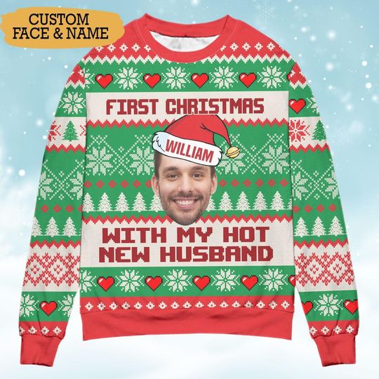 Custom Face First Christmas with My Husband Ugly Sweater Personalized Photo Ugly Sweater Crewneck Xmas Gift - Image 9