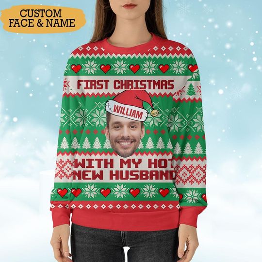 Custom Face First Christmas with My Husband Ugly Sweater Personalized Photo Ugly Sweater Crewneck Xmas Gift - Image 8