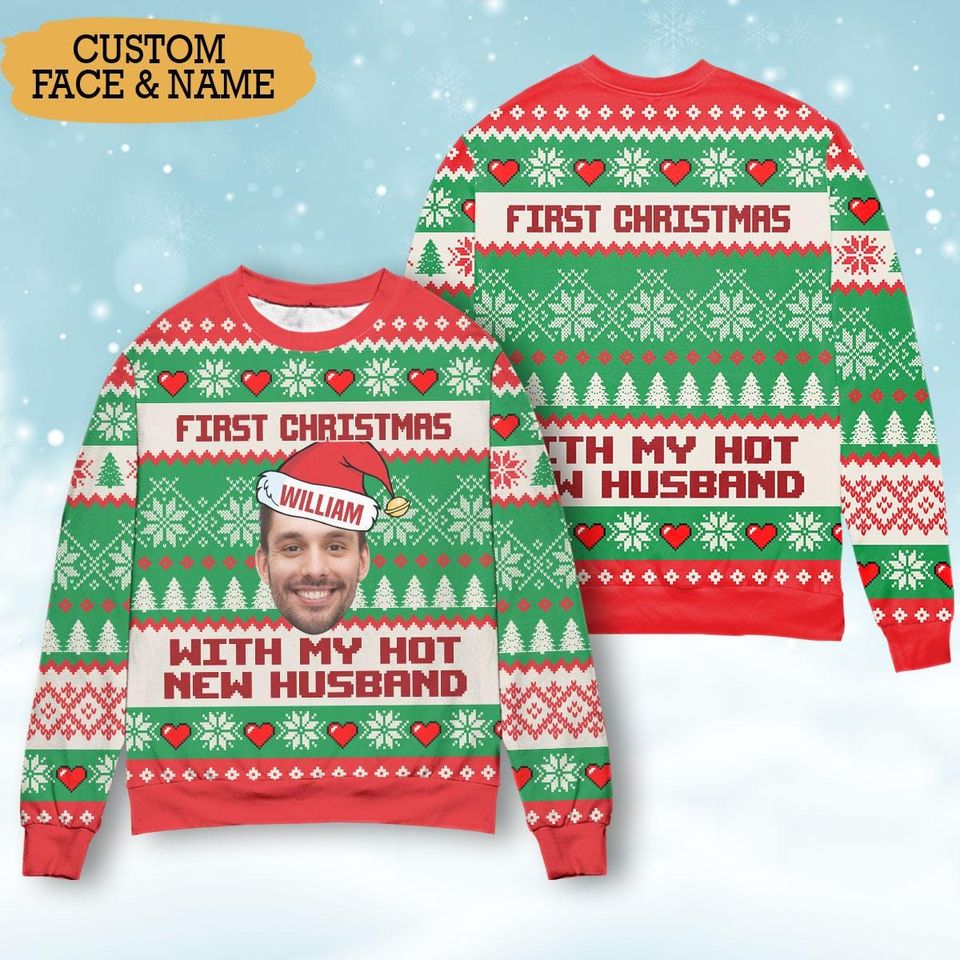 Custom Face First Christmas with My Husband Ugly Sweater Personalized Photo Ugly Sweater Crewneck Xmas Gift - Image 2