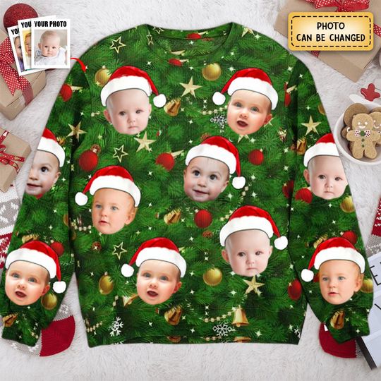 Custom Face I Am A Stupid Christmas Tree Stupid - Personalized Photo Ugly Sweater - Image 4