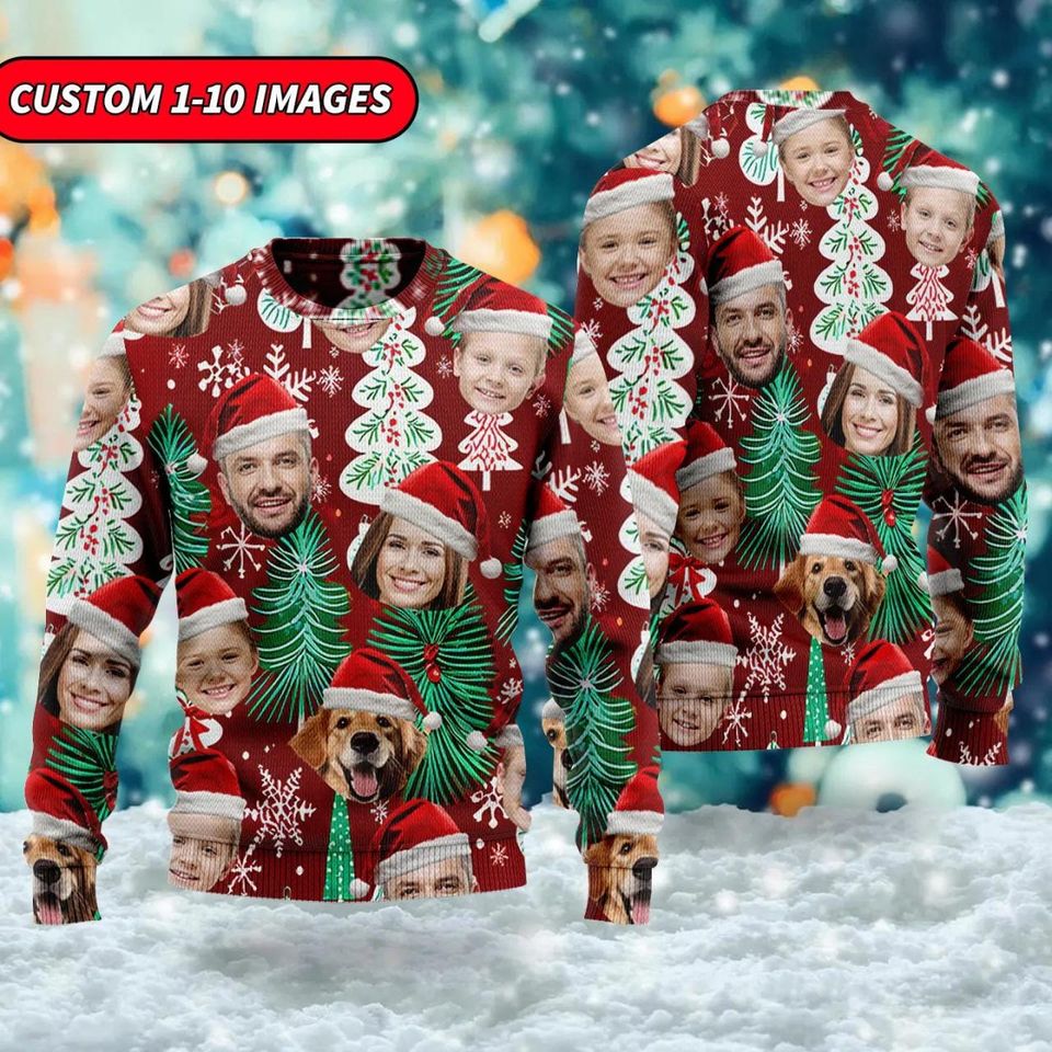 Custom Face Photo Christmas Family Ugly Sweater, Funny 2024 Dog Cat Pet