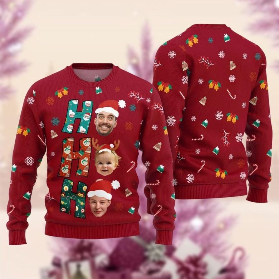 Custom Face Photo Christmas Ugly Sweater, Family Faces Ho Ho Ho Xmas Sweater