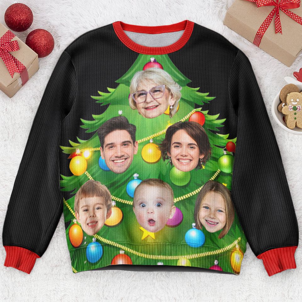 Custom Face Walking Christmas Tree - Personalized Photo Ugly Sweatshirt