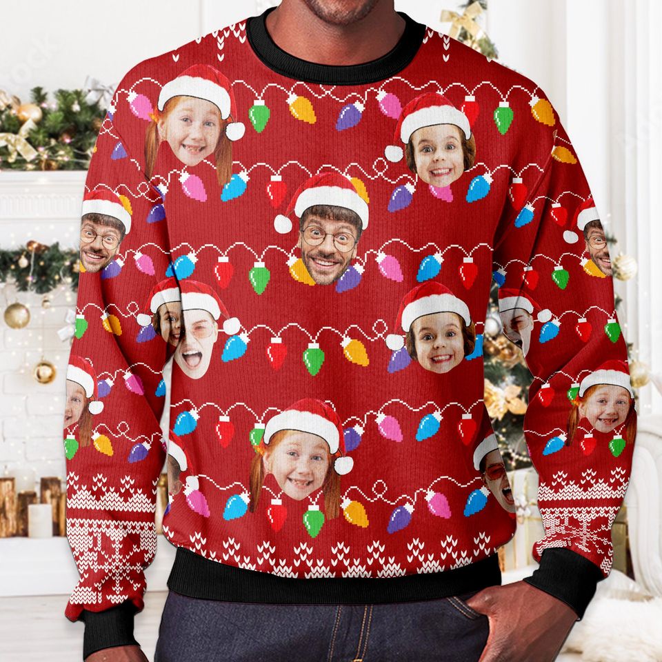 Custom Face Xmas Leds, Personalized Family Photo Ugly Sweater - Image 4
