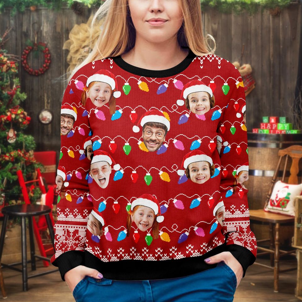 Custom Face Xmas Leds, Personalized Family Photo Ugly Sweater - Image 3