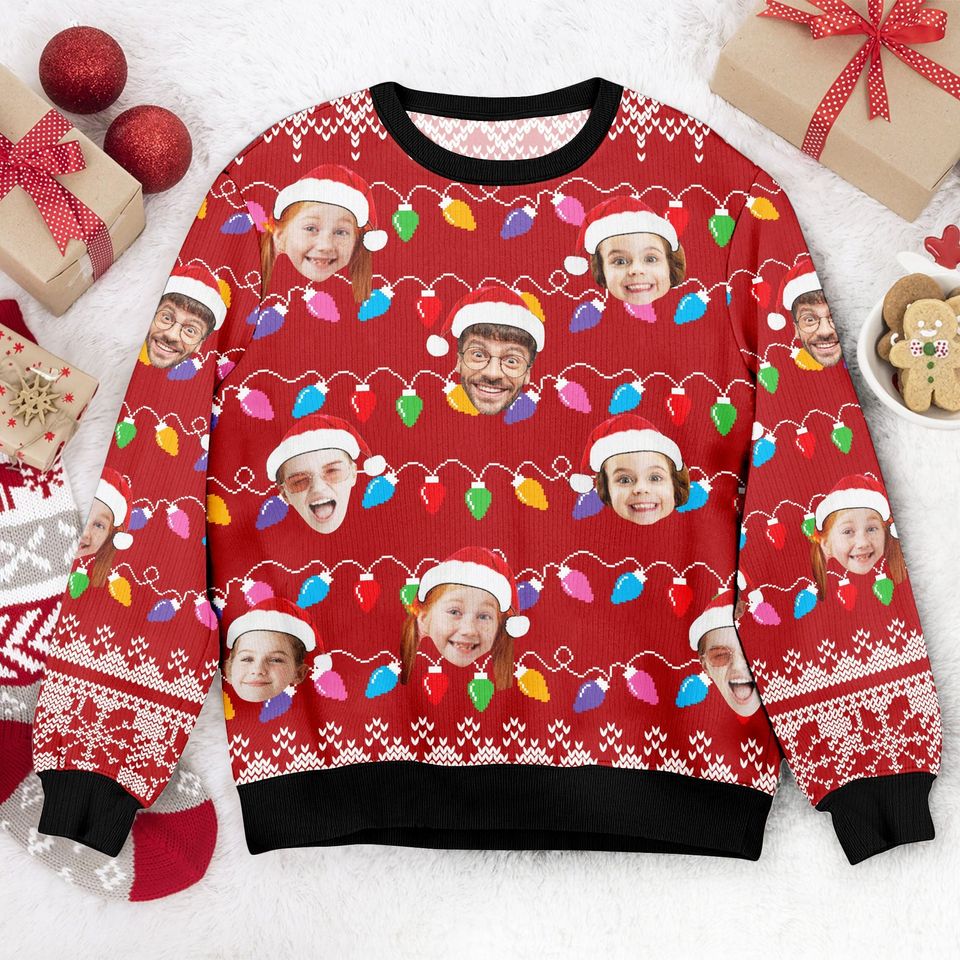 Custom Face Xmas Leds, Personalized Family Photo Ugly Sweater - Image 2