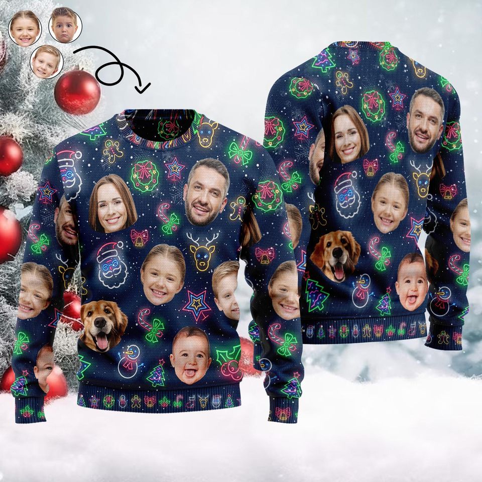 Custom Family Face Funny Light Up Christmas Ugly Sweater