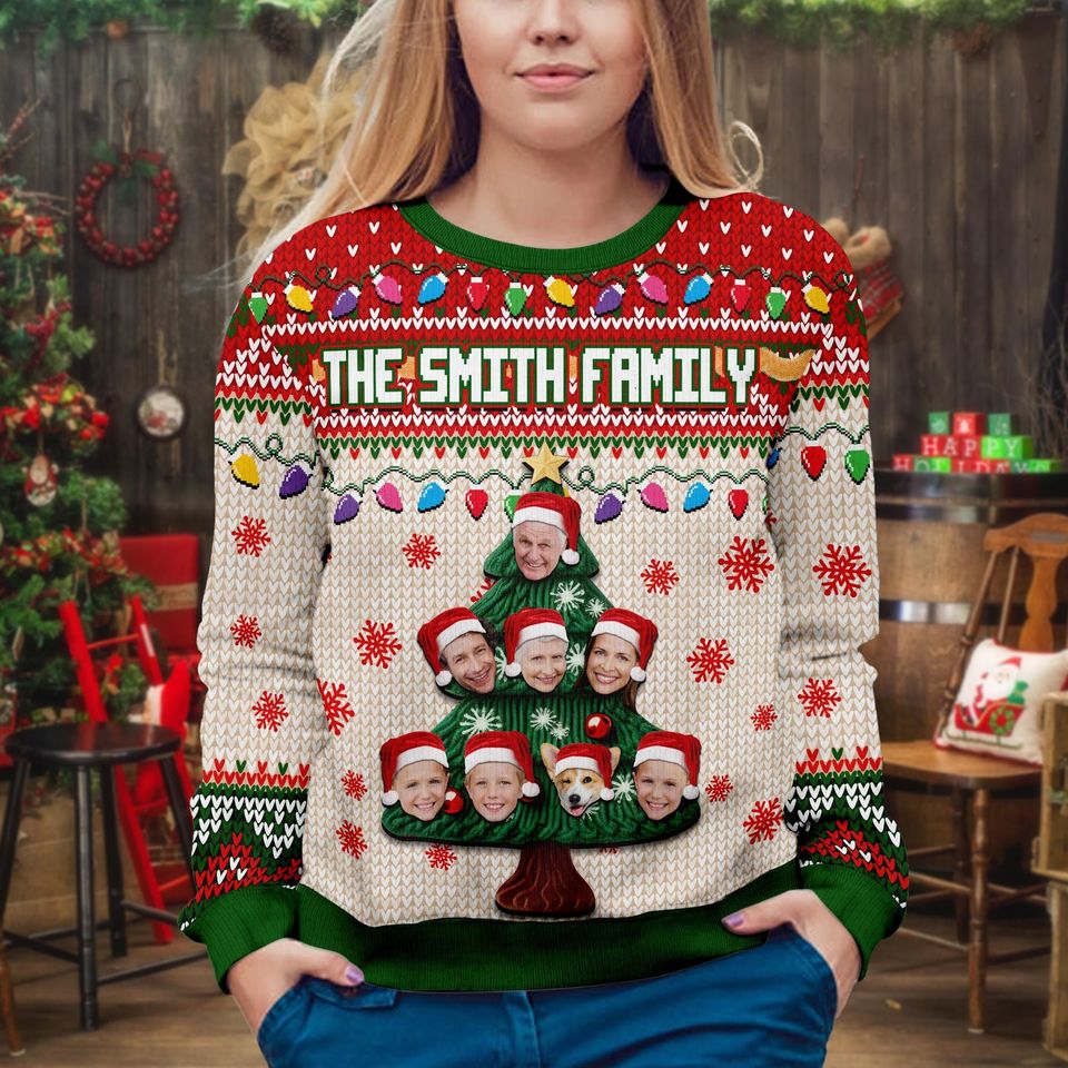 Custom Family Face Tacky Ugly Christmas Sweater, Personalized Family Photo - Image 3