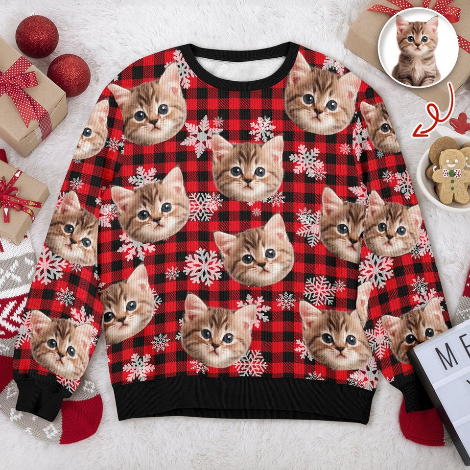 Custom Funny Cat Face Ugly Sweater Christmas Gift