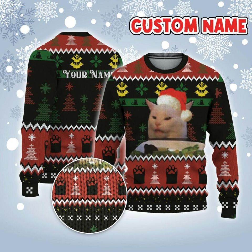 Custom Funny Christmas Holiday Cat Being Yelled At Meme Ugly Sweater