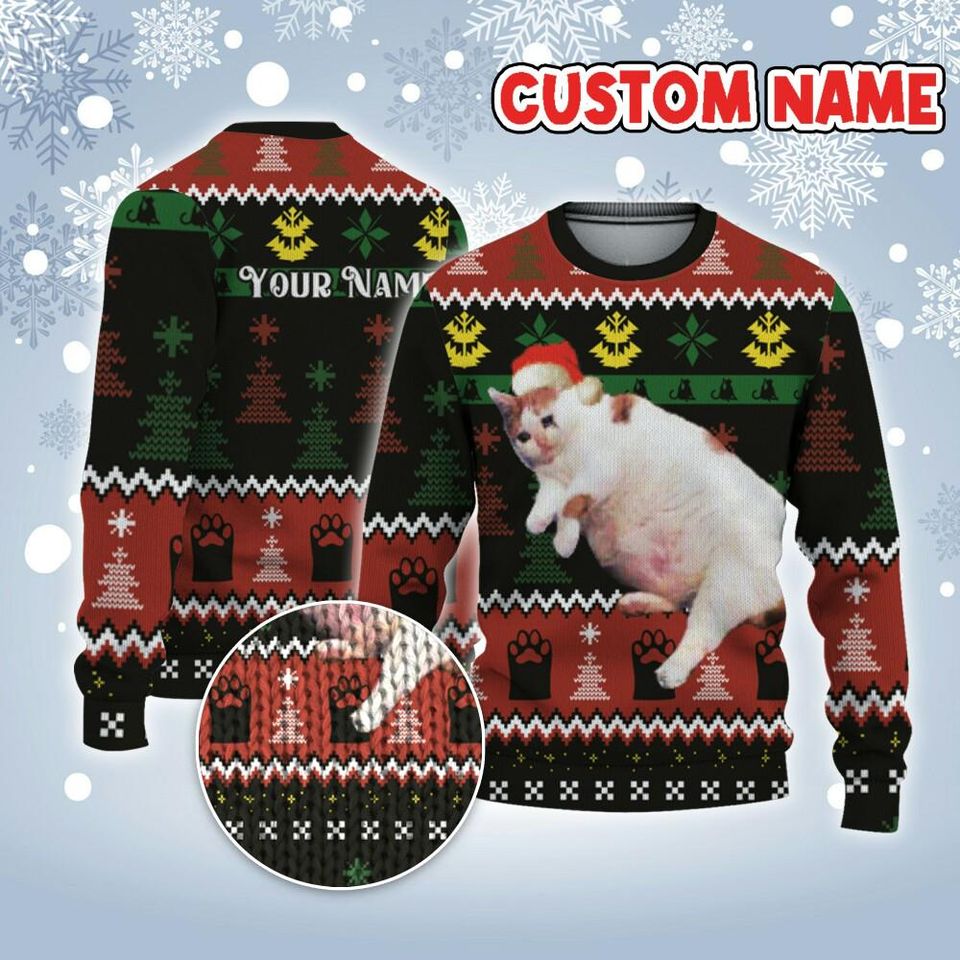 Custom Funny Christmas Holiday Crying Cat Meme Ugly Sweater