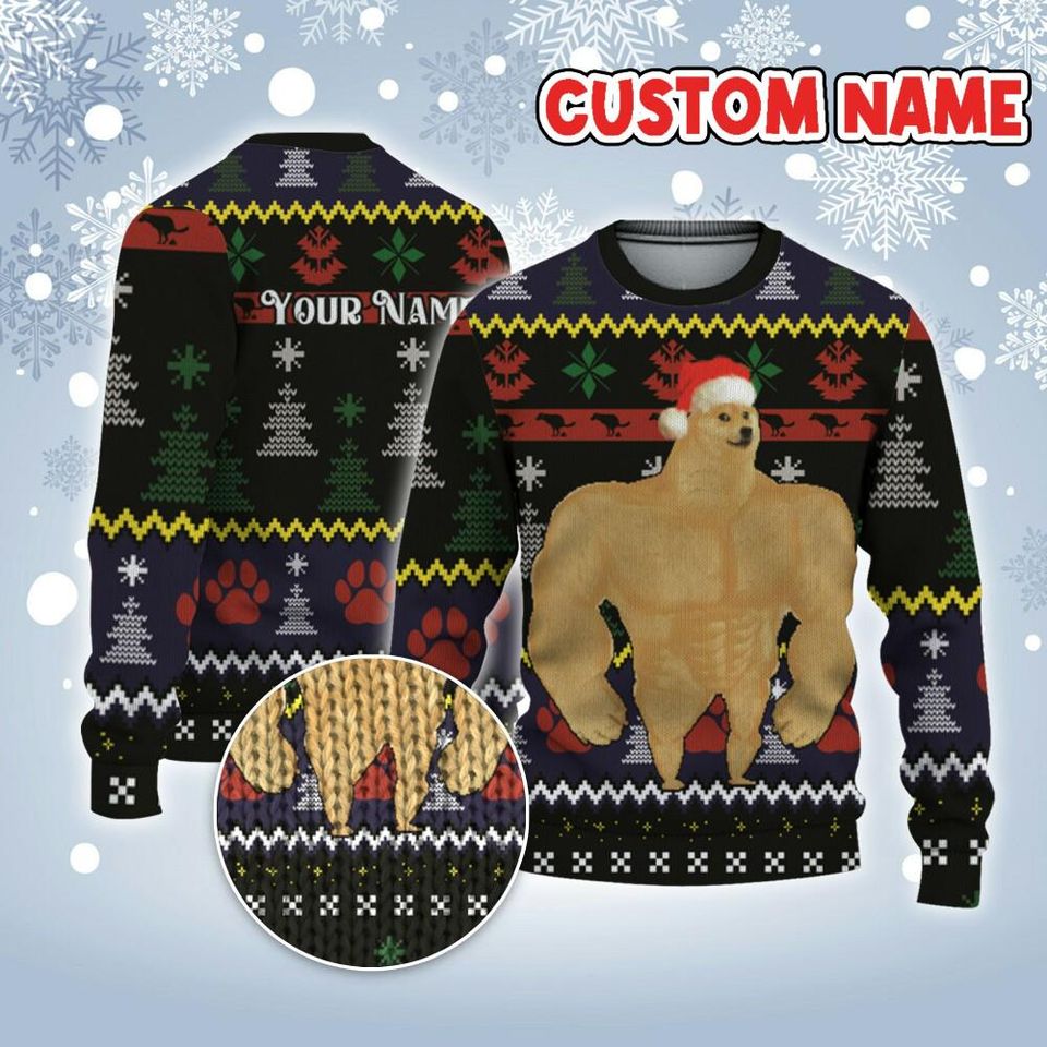 Custom Funny Christmas Holiday Gigachad Dog Meme Ugly Sweater