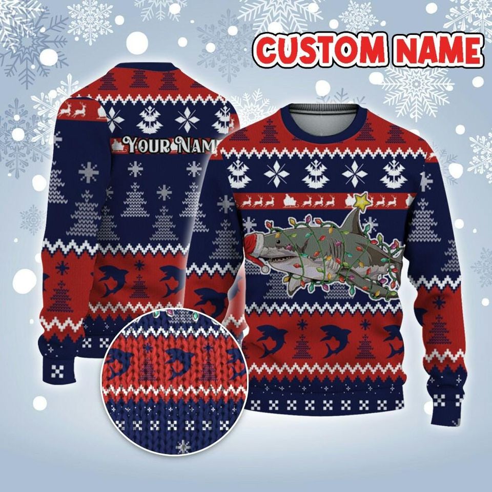 Custom Funny Christmas Holiday Great White Sharks Attack Ugly Sweater