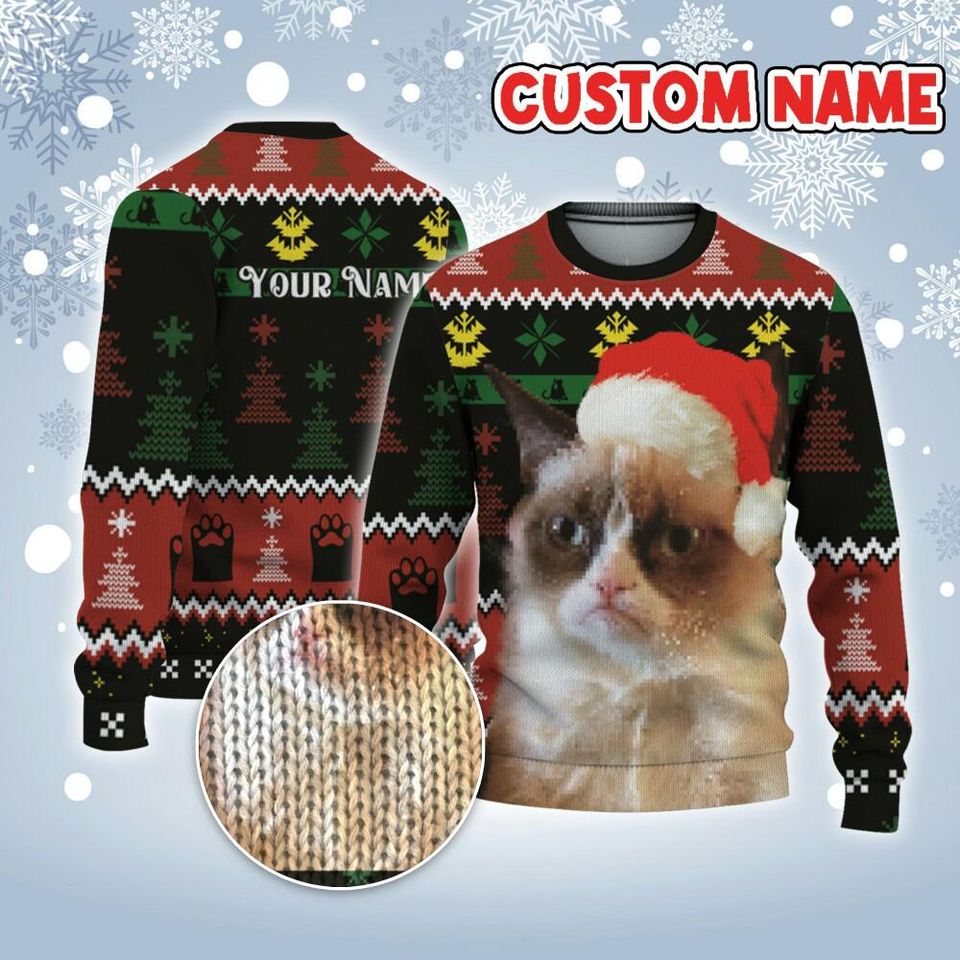 Custom Funny Christmas Holiday Grumpy Cat Face Meme Ugly Sweater