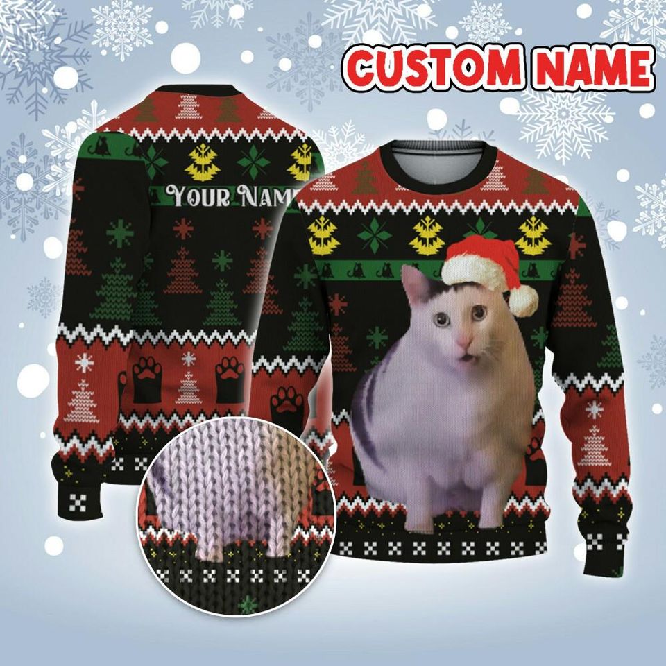 Custom Funny Christmas Holiday Huh Cat Face Meme Ugly Sweater