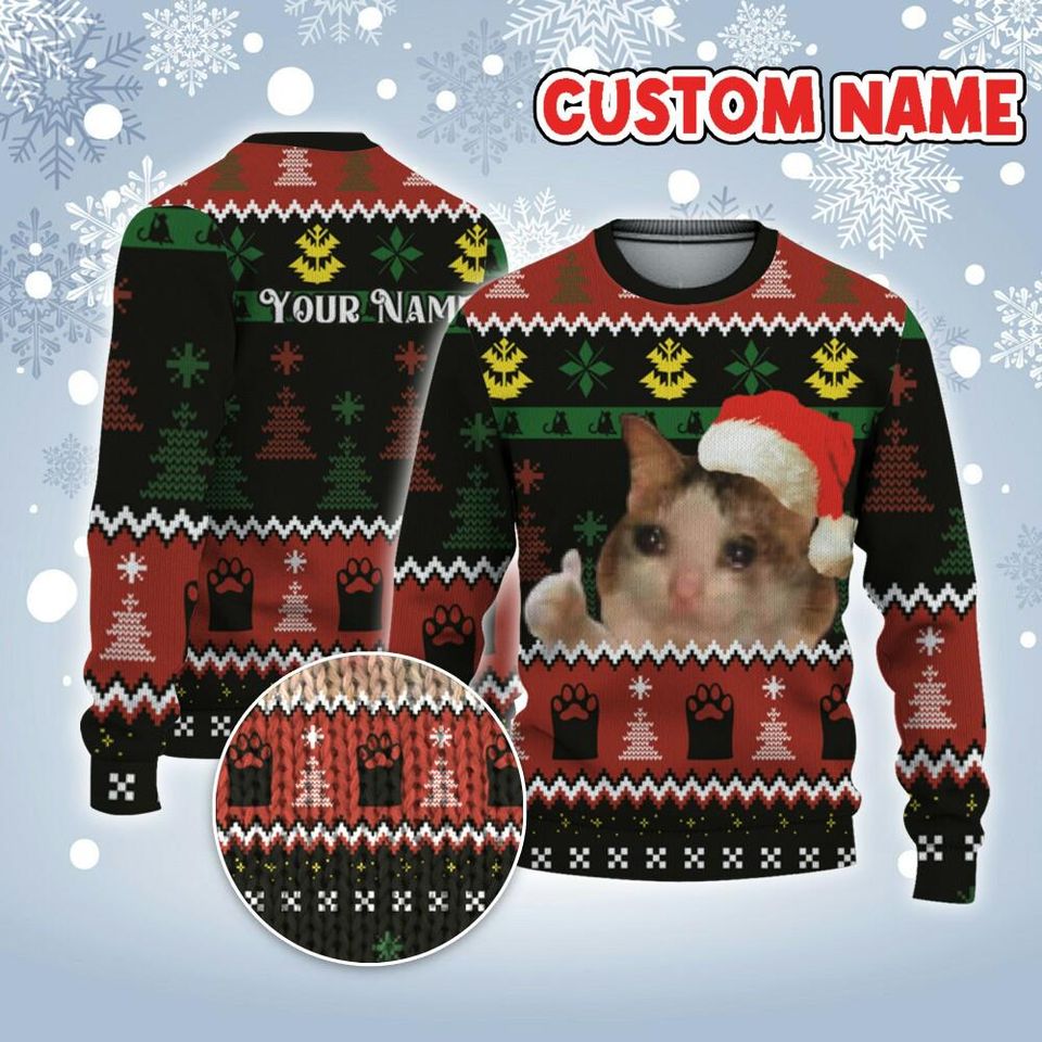Custom Funny Christmas Holiday Im Fine Cat Face Meme Ugly Sweater