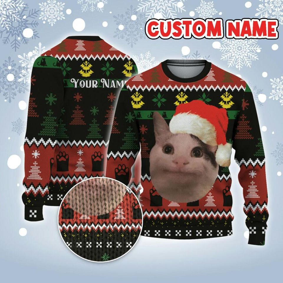 Custom Funny Christmas Holiday Polite Cat Face Meme Ugly Sweater