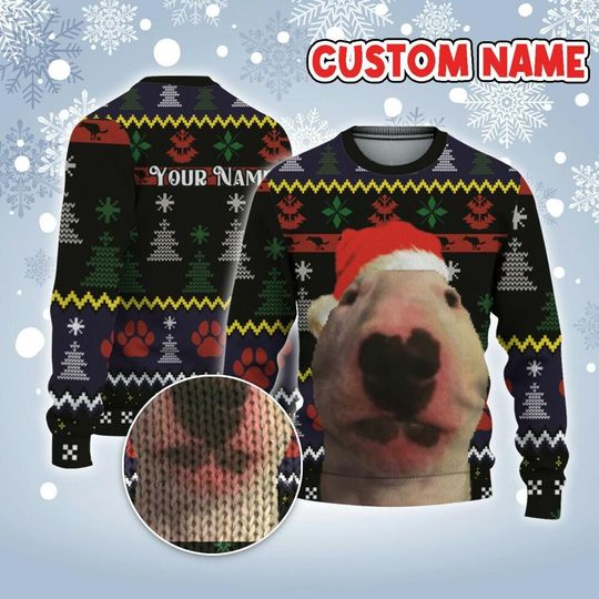 Custom Funny Christmas Holiday Streamer Face Dog Meme Ugly Sweater - Image 7