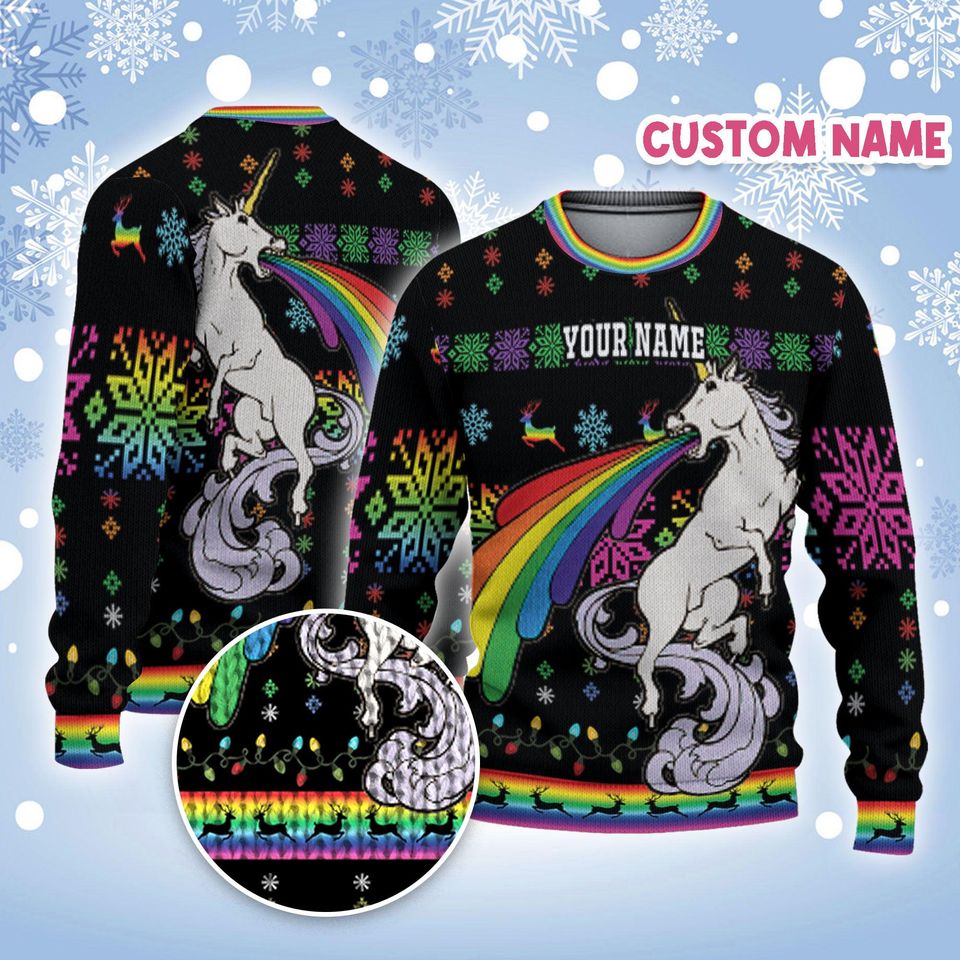 Custom Funny Christmas Holiday Unicorn Throw Up Rainbow Ugly Sweater