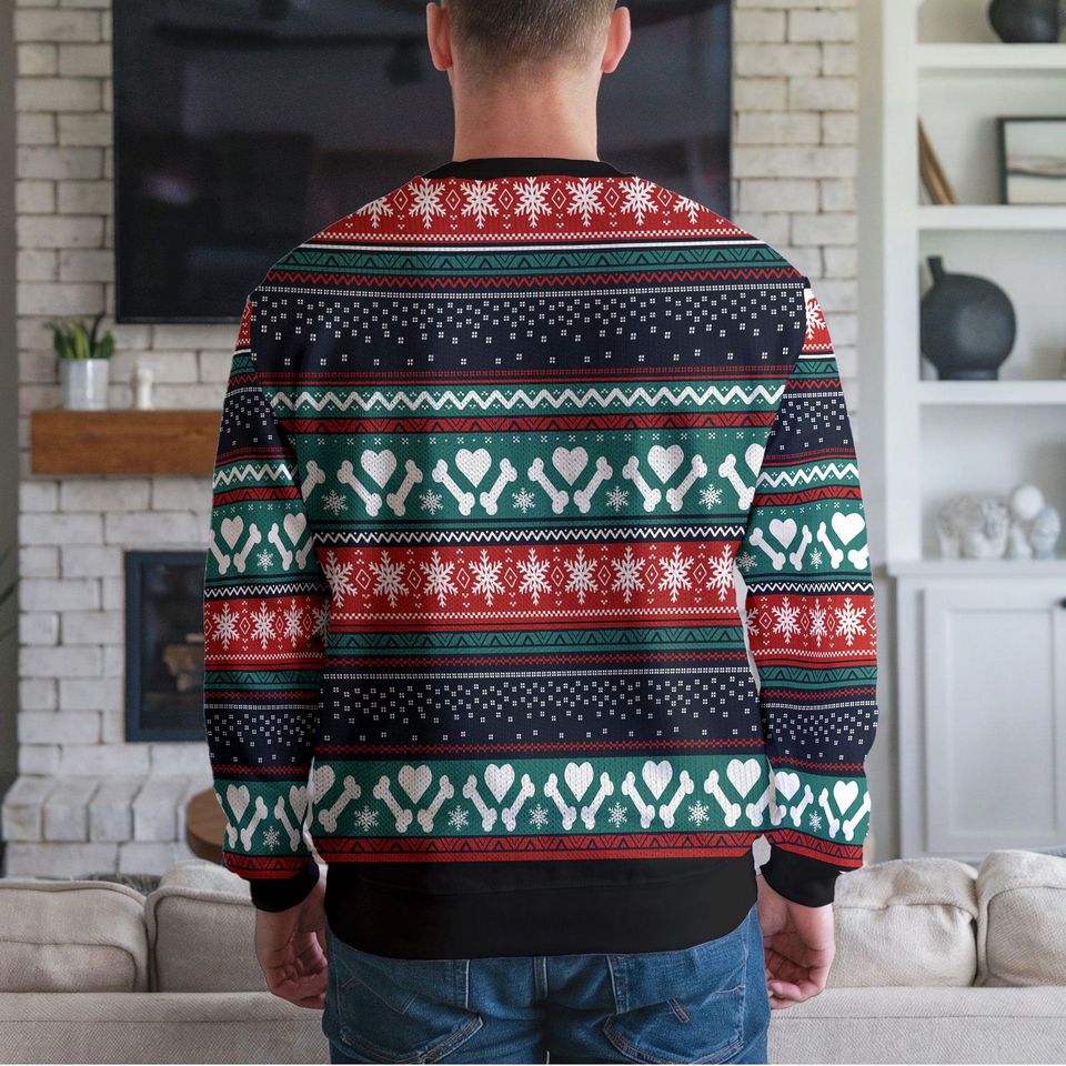 Custom Funny Dog Ugly Christmas Sweater, Cute Dog Wearing Lights Antlers and Scarf Holiday Sweatshirt - Image 3