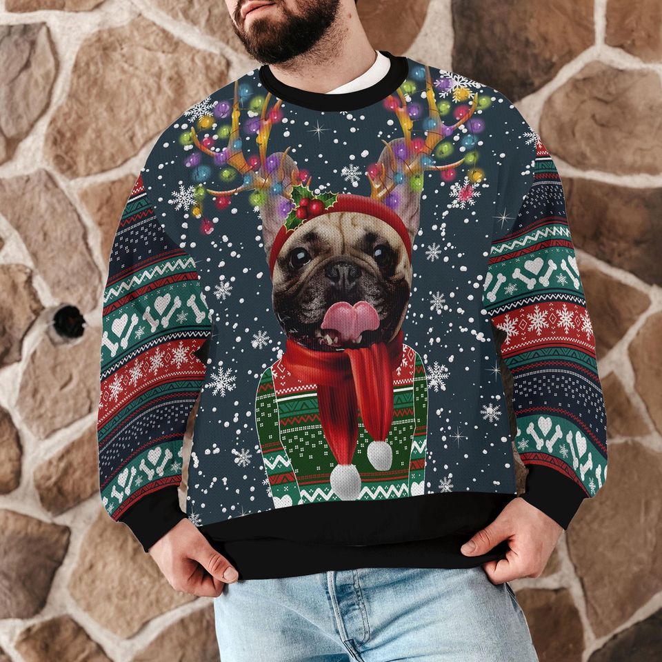 Custom Funny Dog Ugly Christmas Sweater, Cute Dog Wearing Lights Antlers and Scarf Holiday Sweatshirt - Image 6