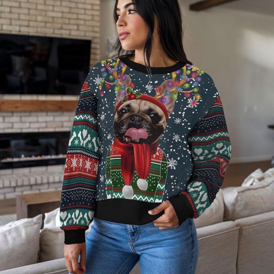 Custom Funny Dog Ugly Christmas Sweater, Cute Dog Wearing Lights Antlers and Scarf Holiday Sweatshirt - Image 10