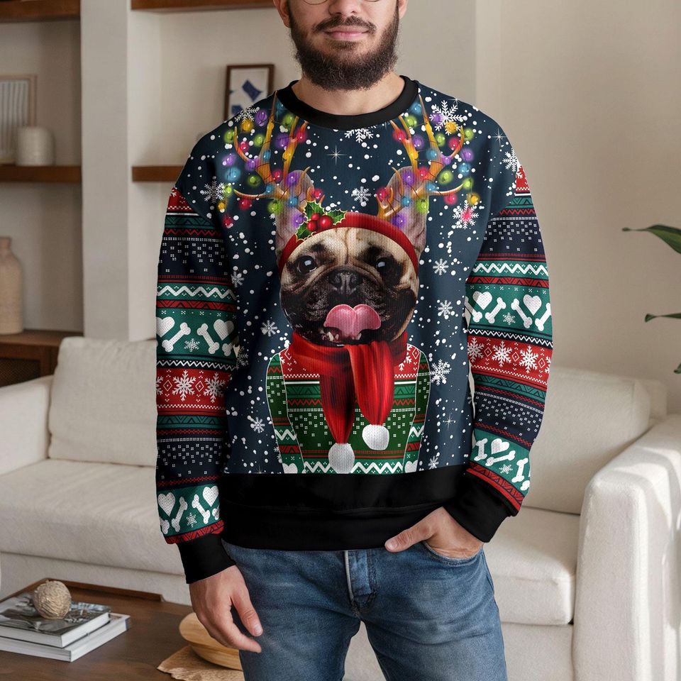Custom Funny Dog Ugly Christmas Sweater, Cute Dog Wearing Lights Antlers and Scarf Holiday Sweatshirt