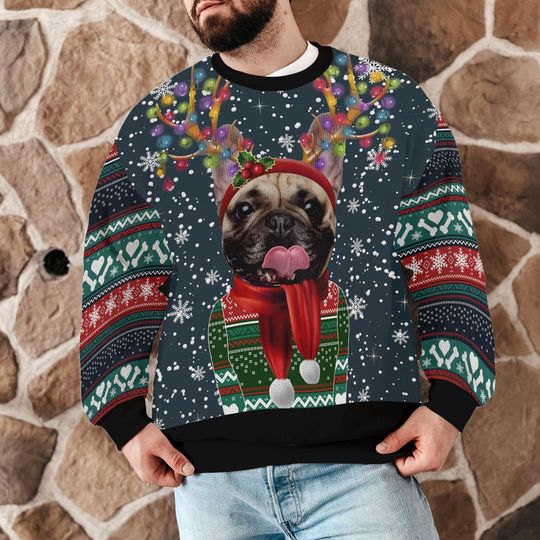 Custom Funny Dog Ugly Christmas Sweater, Cute Dog Wearing Lights Antlers and Scarf Holiday Sweatshirt - Image 12