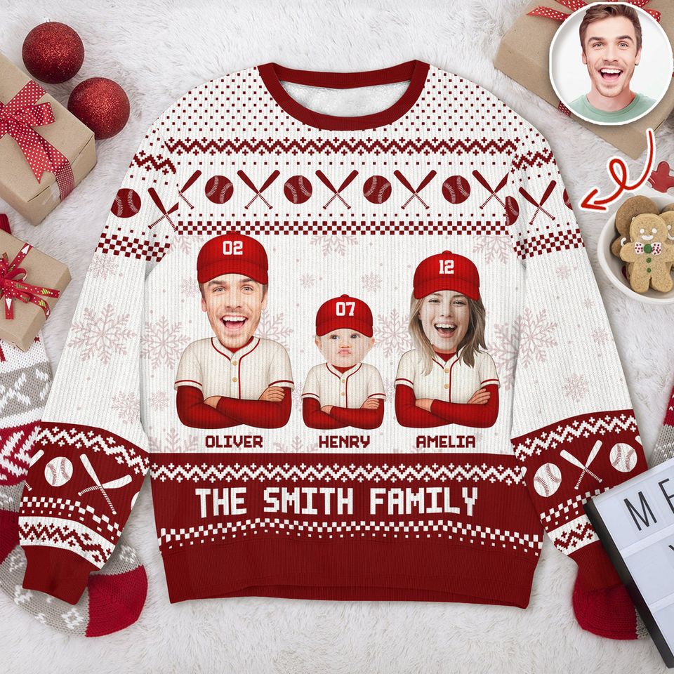 Custom Funny Photo Baseball Family Christmas Ugly Sweater For Sport Lovers