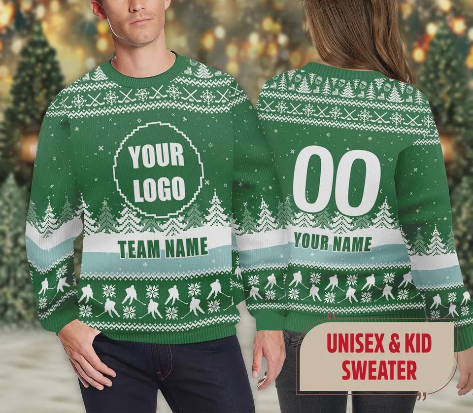 Custom Hockey Logo Xmas Ugly Sweater, Sports Team Xmas Ugly Sweater, Custom Logo Christmas Ugly - Image 2