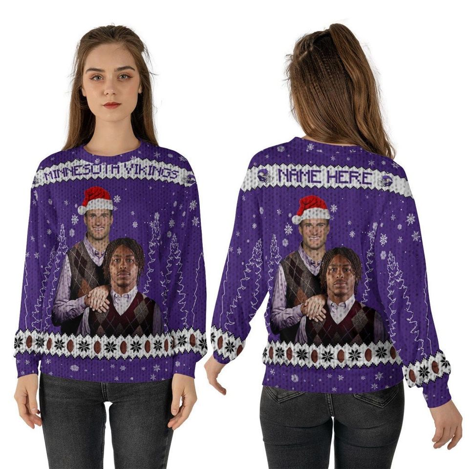 Custom Justin Jefferson Kirk Cousins Minnesota Football Ugly Christmas Sweater - Image 2