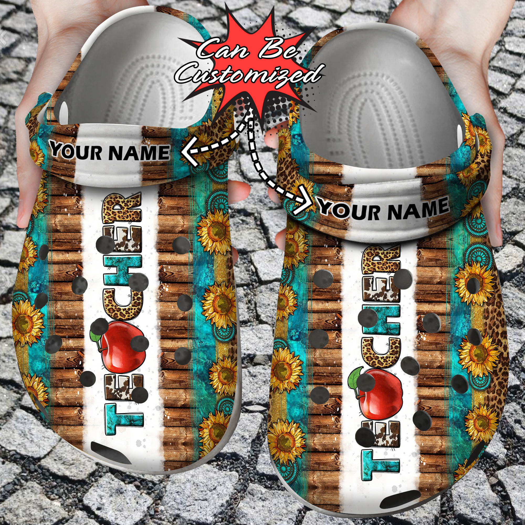 Custom Leopard Sunflowers Apple Teacher Clog Shoes