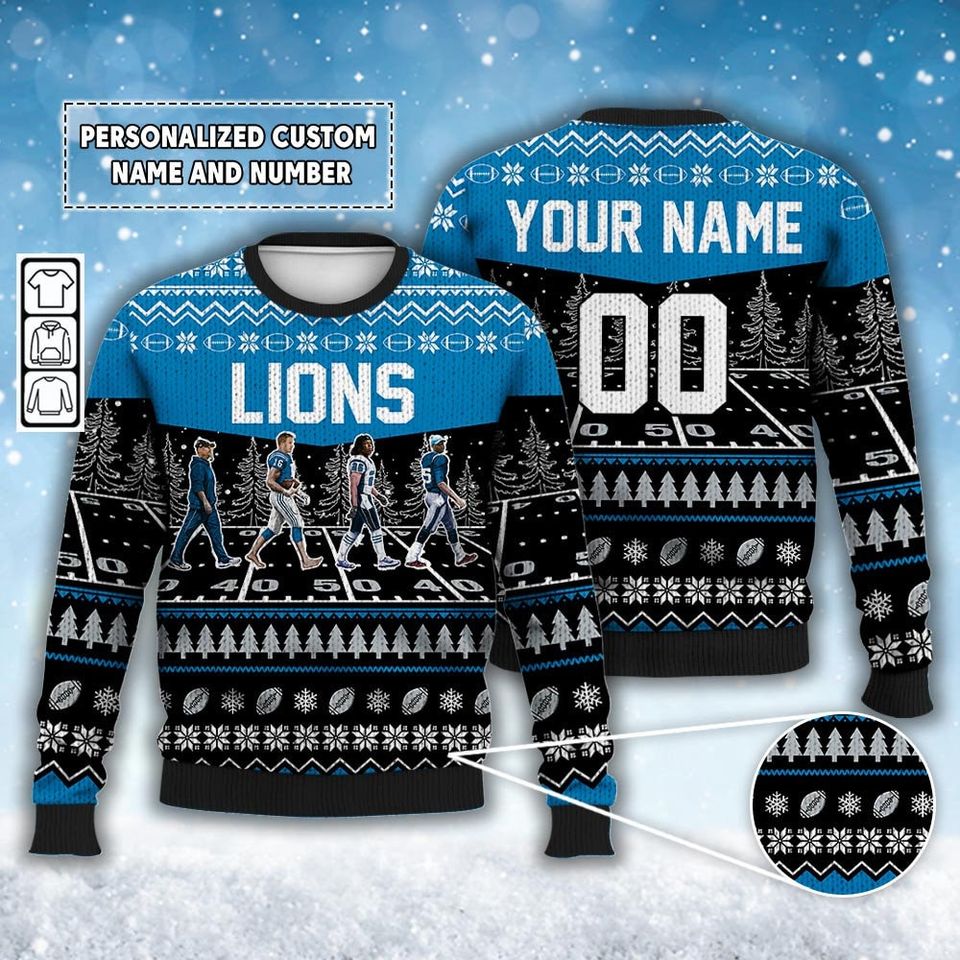 Custom Lions Walking Abbey Road Ugly Christmas Sweater Football