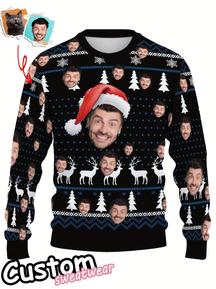Custom MenÃ¢â‚¬â„¢s Ugly Sweater with Personalized Face Print, Crew Neck, Long Sleeve, Polyester-Spandex Knit, Holiday Christmas Design
