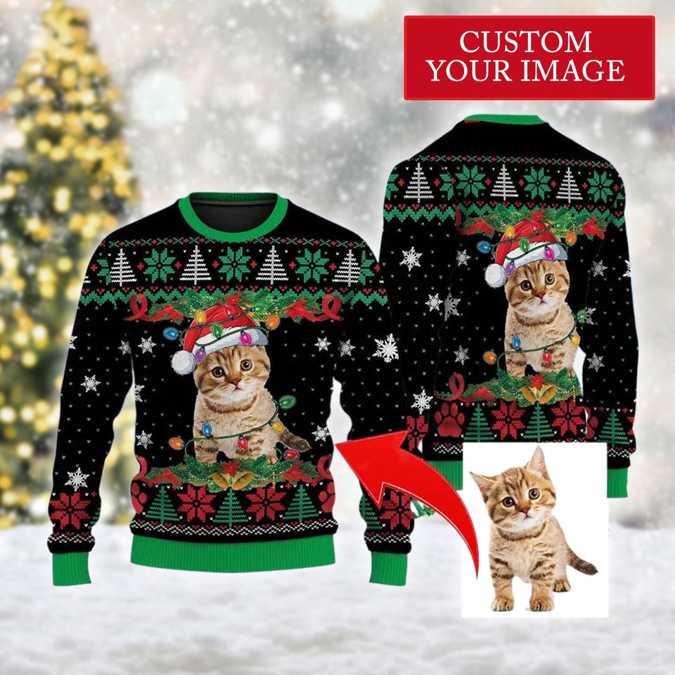 Custom Meowy Ugly Christmas Sweatshirt, Pet Photo Ugly Christmas Sweater