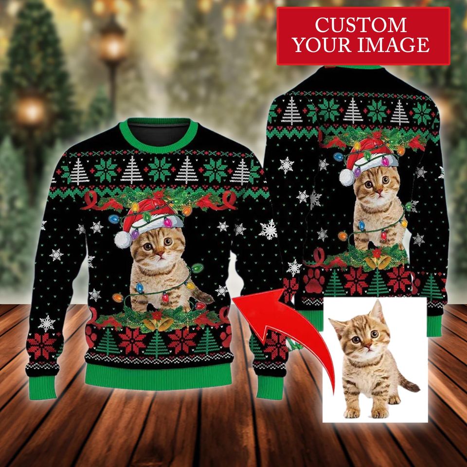 Custom Meowy Ugly Christmas Sweatshirt, Pet Photo Ugly Christmas Sweater, Funny Cat Lovers - Image 2