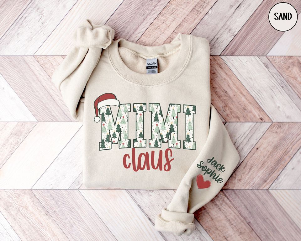 CUSTOM Mimi Claus Sweatshirt, Mimi Christmas Sweater with Grandkids Names on Sleeve, Personalized Grandma Xmas