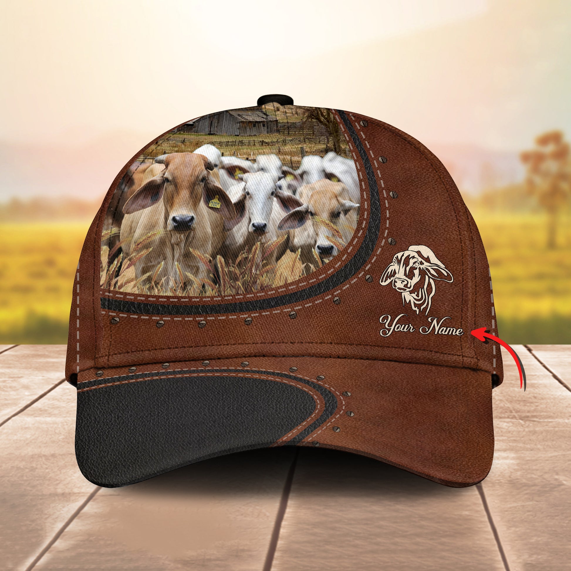 Custom Name And Brahman Cows Leather Pattern - Gift For Farmer - Personalized Classic Cap Trucker Hats Custom Hats Gifts For Men & Women