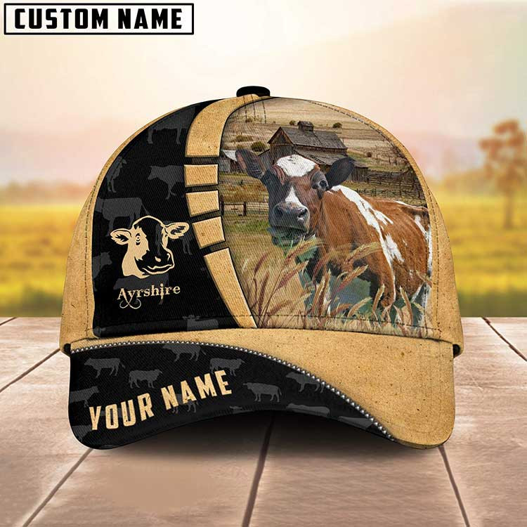 Custom Name Ayrshire Cattle 3D Classic Cap for Men, Ayrshire Hats for Farmers, Husband Trucker Hats Custom Hats Gifts For Men & Women