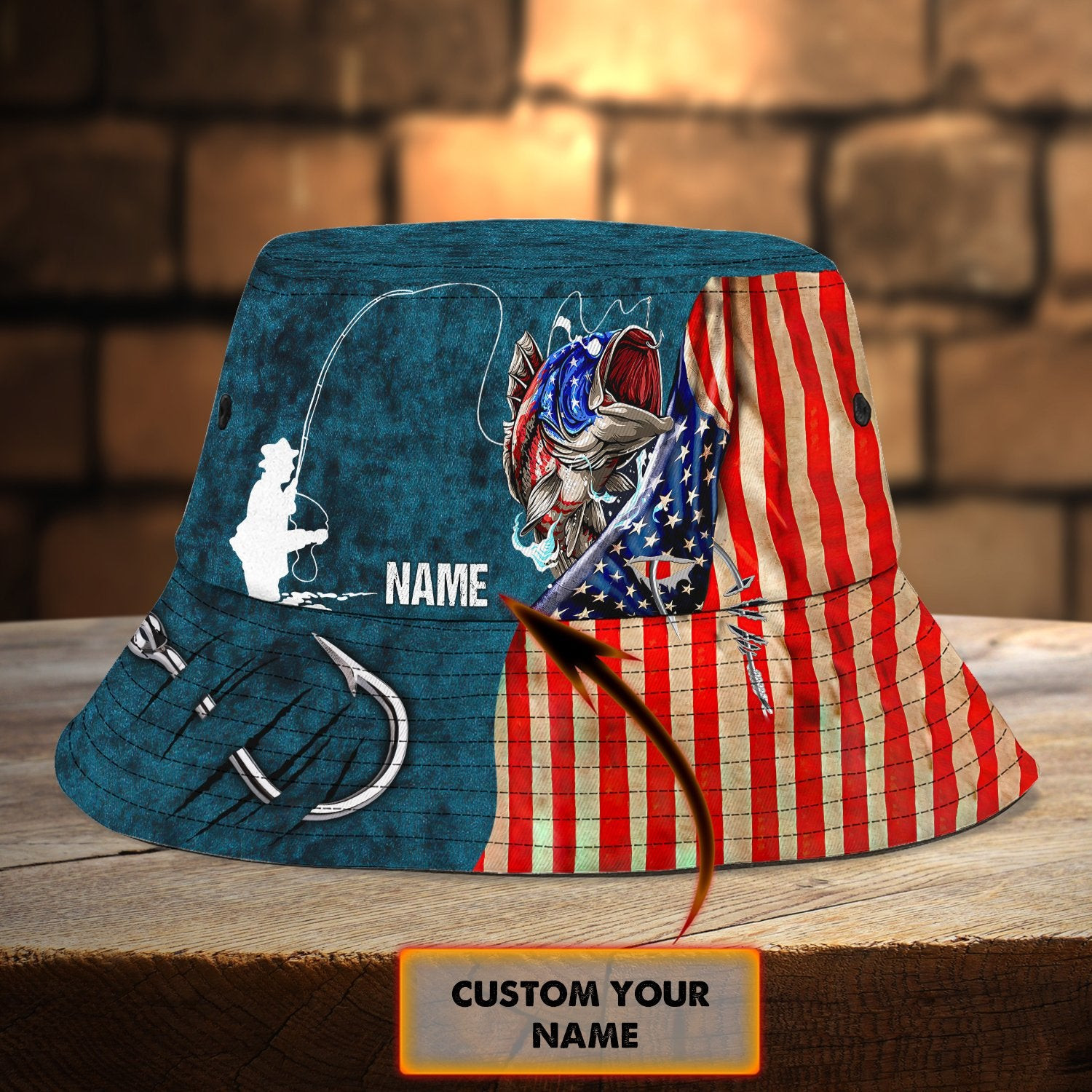 Custom Name Bass Fishing Flag print Bucket Hat Fishing State Trucker Hats Custom Hats Gifts For Men & Women