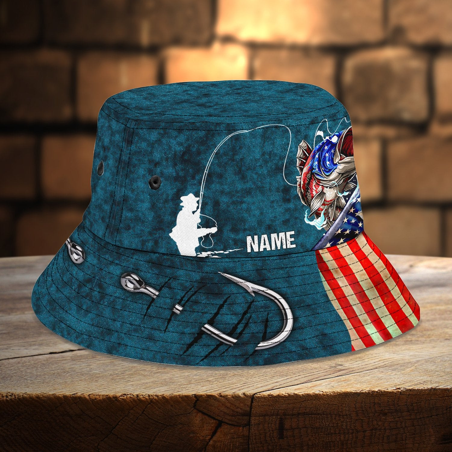 Custom Name Bass Fishing Flag print Bucket Hat Fishing State Trucker Hats Custom Hats Gifts For Men & Women